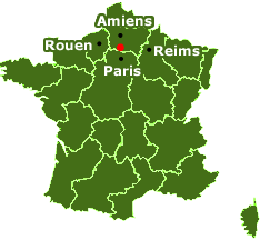 Carte de France avec la situation de Lamberval entre Paris, Amiens, Rouen et Reims.